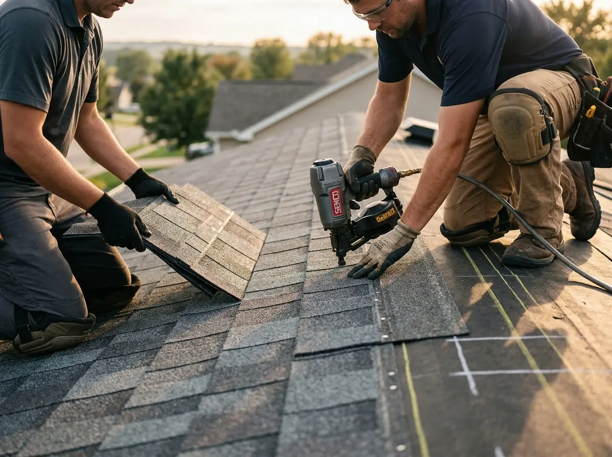 Professional roofer working on a residential roof in Wheeling